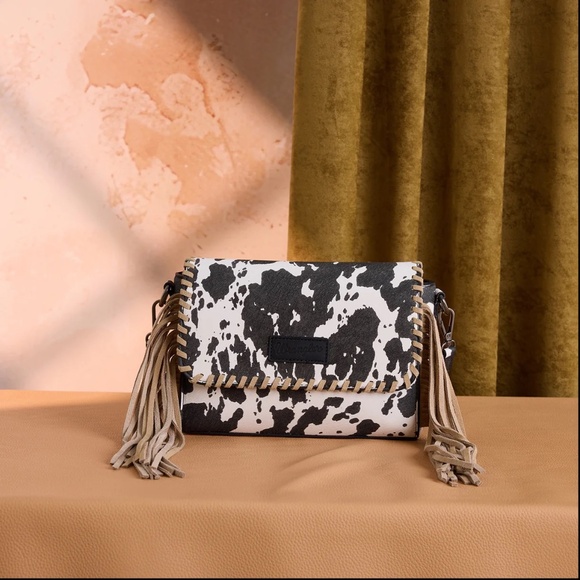 Wrangler Handbags - Wrangler Cow Print Fringe Crossbody Bag -Black
